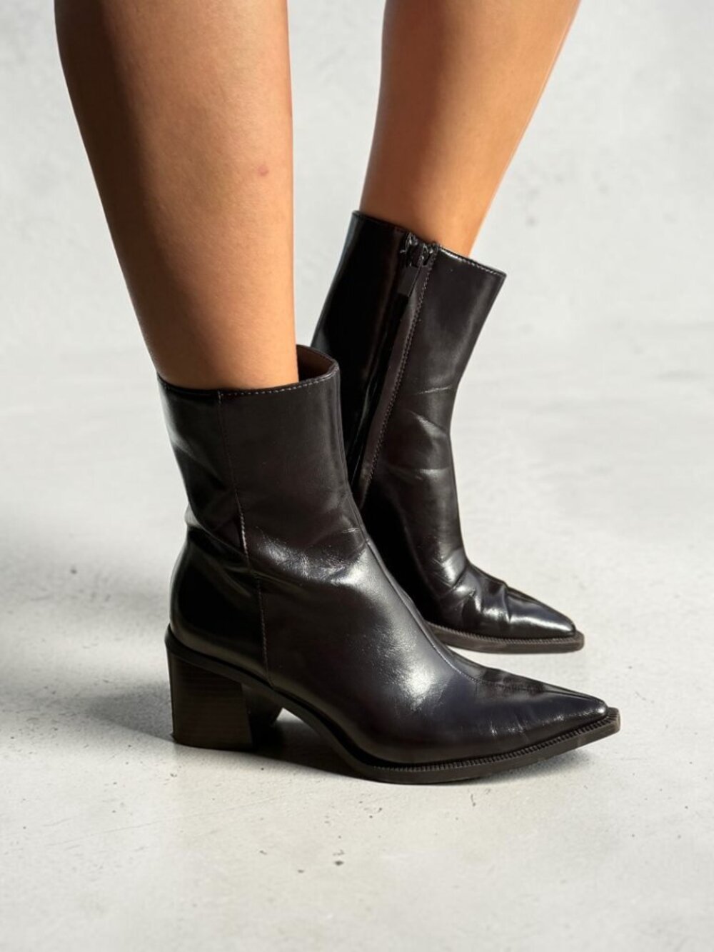 Zara Brown Pointed Toe Ankle Boots Size 36 Block Heel Side Zip